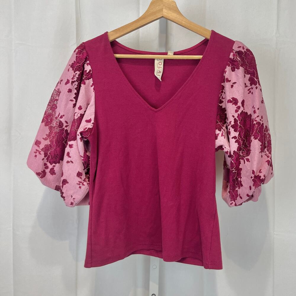 DOLAN Anthropologie Lace Puff Sleeve Top V Neck Mixed Media Cotton Pink Size M